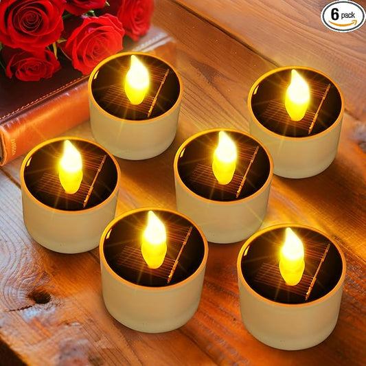 ANGMLN 6pcs Solar Tea Lights Outdoor Waterproof, Flameless Flicker LED Solar Candles with Dusk to Dawn Sensor, Reuseable Tea Light Candles for Lantern Garden Camping Party Home Decor,2.3''x2.1''