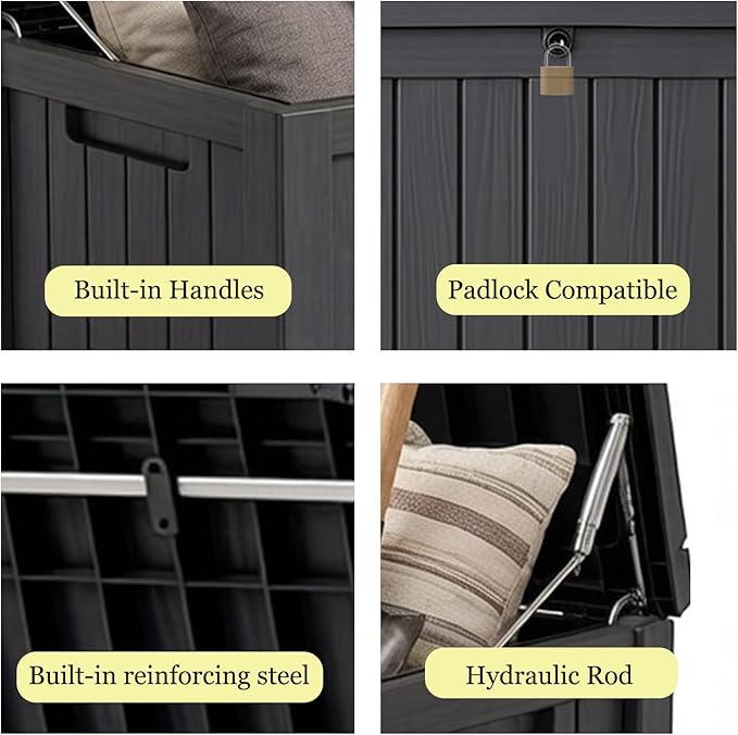199 Gallon Large Resin Outdoor Storage Box, Waterproof Deck Box with Lockable Lid, Outside Storage Box for Patio Furniture, Pool Accessories, Garden Tools, Storage Bench for Backyard, Porch, Black