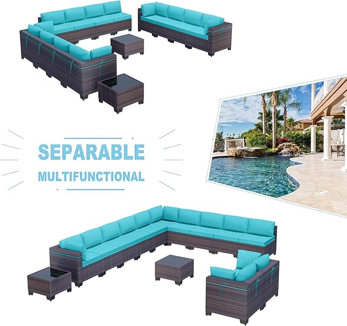 Kullavik 14 Pieces Outdoor Patio Furniture Set,Sectional Rattan Sofa Set Brown PE Rattan Wicker Patio Conversation Set with Tempered Glass Coffee Tables and Washable Cushions Covers,Turquoise Blue