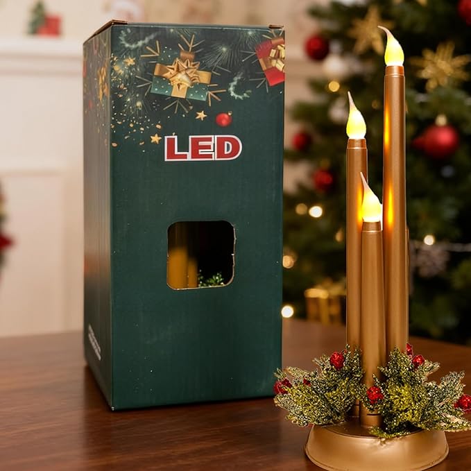 Flameless Taper Candles LED Candlesticks Battery Operated 3D Flicker Fake Candle for Xmas Wedding Fireplace Holiday Party Decor(Gold)