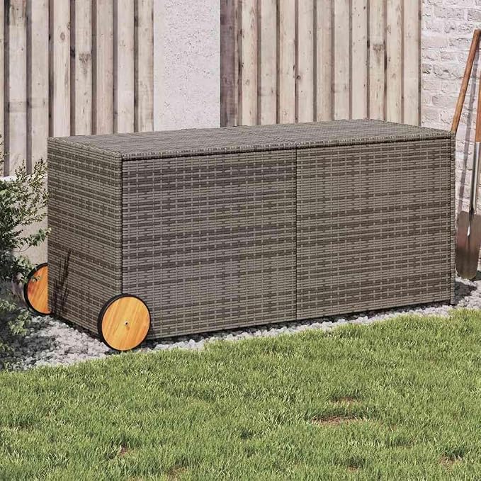Powder Coated Steel Frame Grey PE Rattan Garden Storage Box for Outdoor Organization, 283L Outdoor Storage Box with Wheels and Gas Spring