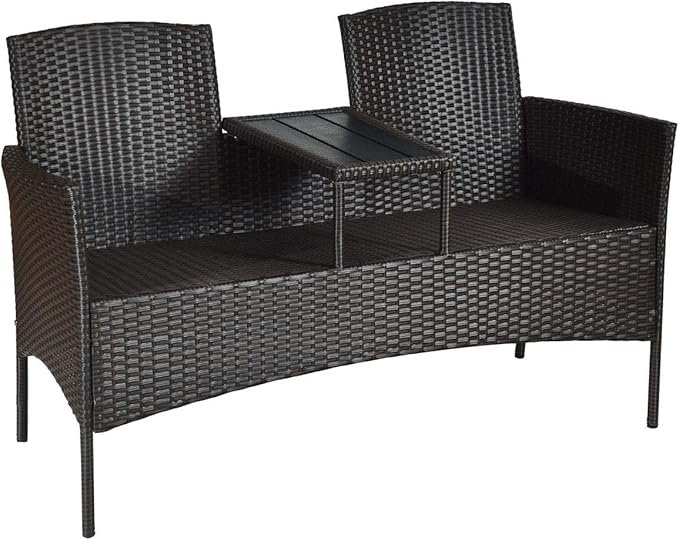 Tangkula Outdoor Rattan Loveseat with Built-in Coffee Table, 2-Person Patio Conversation Set with Cushions & Table, Modern Patented Wicker Sofa Set, Wicker Sofa for Garden Lawn Backyard, Beige