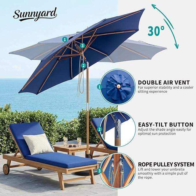 9FT/10FT Bamboo Patio Umbrella, Large Outdoor Umbrella with UPF 50+ Sun Protection, Rope Pulley Lift & Push-Button Tilt, 8-Rib Ventilated Canopy for Garden, Deck, Backyard & Outdoor Dining
