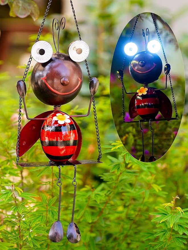 GDF Solar Lady Bugs Swing Metal Ladybug Hanging Animal Garden Decor Waterproof Solar Lights Decorative Outdoor Lights for Outside Patio Balcony Pathway Lawn Yard,Christmas Gifts for Her/Him