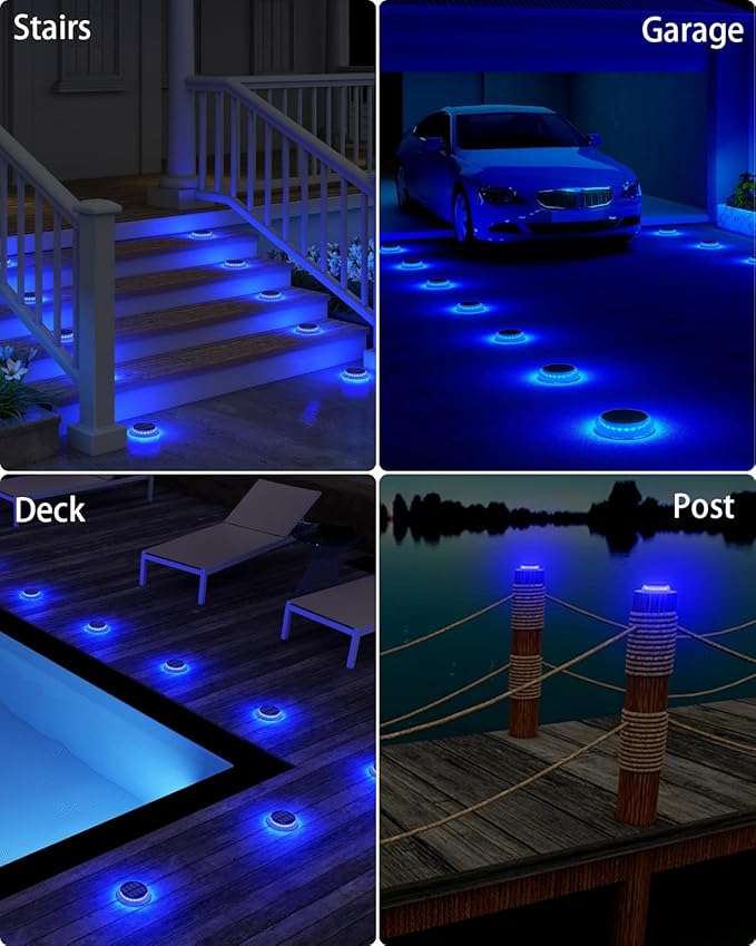 DetarZinLED 6 Packs Solar Driveway Lights, Blue Dock Deck Lights Solar Powered Outdoor IP68 Waterproof, Stick on Light for Step, Stair, Driveway, Pool, Pathway, Walkway, Patio