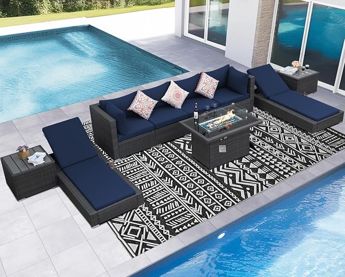 NICESOUL 9 Piece Outdoor Patio Furniture Set with Fire Pit, Modern Backyard Sectional with Chaise Lounge, Cozy 29.3'' High-Back Outside Seating Sofa, All-Weather Wicker Couch for Garden, Grey & Blue