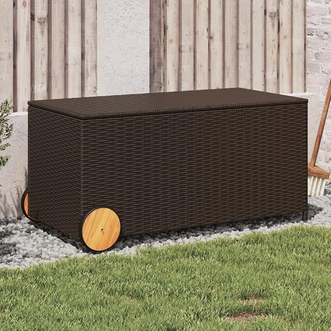 Outdoor Rattan Wicker Garden Storage Box with Wheels, Patio Deck Storage Box, Patio Storage Container for Indoor, Patio Furniture Cushions, Brown 50.2 Gal Poly Rattan,-226