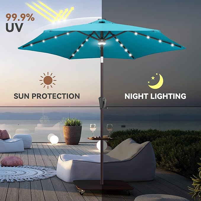 7.5ft Solar Umbrella Outdoor - Lighted Solar Patio Umbrella with 24 LED Lights Waterproof UV Protection, Table Umbrella with Tilt for Pool, Porch, Garden, Deck, Backyard (Aqua Blue)