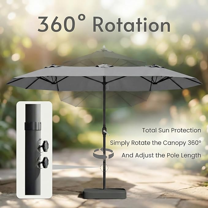 15ft Large Patio Umbrellas with Base Included, Outdoor Double-Sided Rectangle Market Umbrella with Stand, Outside Umbrellas for Poolside Lawn Backyard