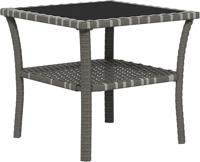 Outsunny Rattan Side Table, Outdoor End Table with Storage Shelf, Aluminum Frame Square, Coffee Table with Tempered Glass Top, Mixed Gray