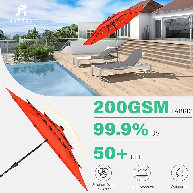 JEAREY 3 Tiers Patio Umbrella with Solar Lights 9ft Outdoor Market Table Umbrellas with Push Button Tilt for Outside Pool Garden, Orange