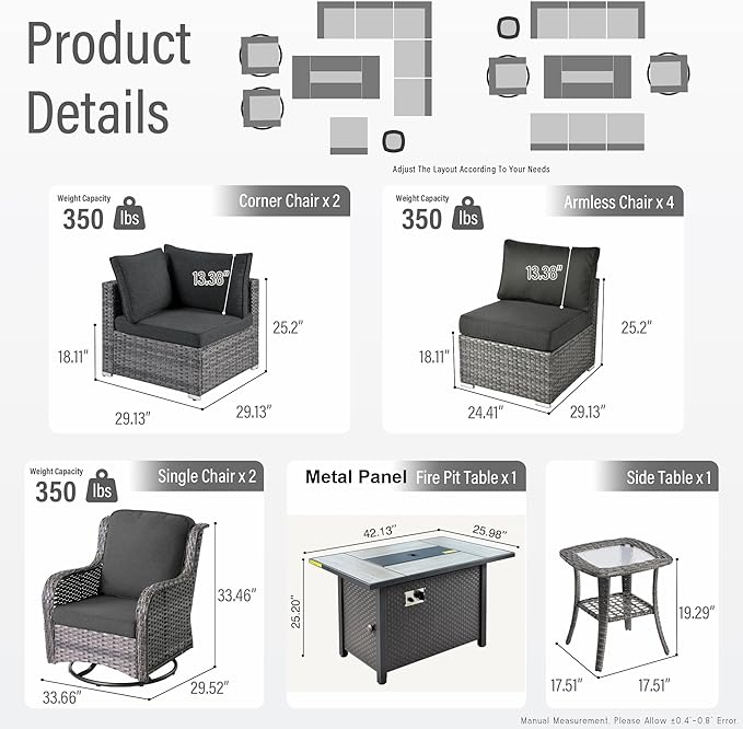 HOOOWOOO Outdoor Patio Furniture Set with Fire Pit 10 Pieces Patio Set with Fire Pit Wicker Outdoor Furniture with Fire Pit Table Set Patio Conversation Set with Swivel Chairs,Black