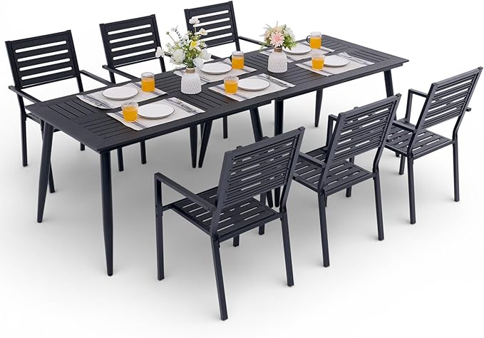 8-Piece Outdoor Dining Set - Two 47.25" HDPE Patio Tables and 6 Stackable Armrest Chairs - All-Weather Rust-Proof Steel Frame for Garden, Deck(Black)