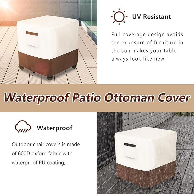 Waterproof Patio Ottoman Cover,Square Patio Small Side Table Cover,Heavy Duty Outdoor Furniture Cover Size 22L x 22W x 18H inch(Beige&Brown)
