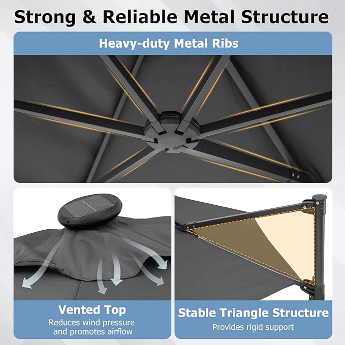 Tangkula 10ft Patio Umbrella with Solar Lights, Offset Cantilever Outdoor Umbrella with LED Lights, 360 Degree Rotation, Air Vent for Pool Deck Garden Backyard (Gray)