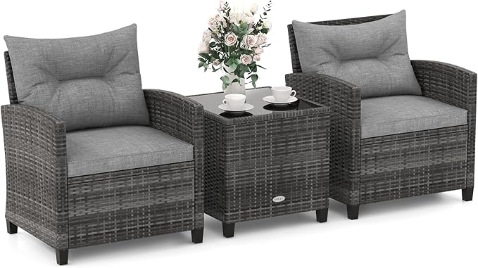 ORALNER Patio Furniture Set, 3 Pieces Outdoor Wicker Conversation Set, Rattan Chairs with Soft Cushions, Glass Coffee Table, Patio Bistro Set for Balcony Garden Deck Front Porch Poolside (Gray)