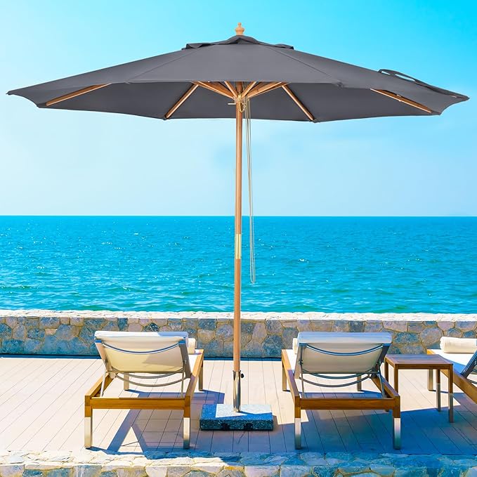 9ft Wooden Umbrella, Outdoor Patio Umbrella, Wood Market Umbrella, Patio Umbrella Wood Pole with Pulley Lift for Garden, Yard, Deck, Pool, Market