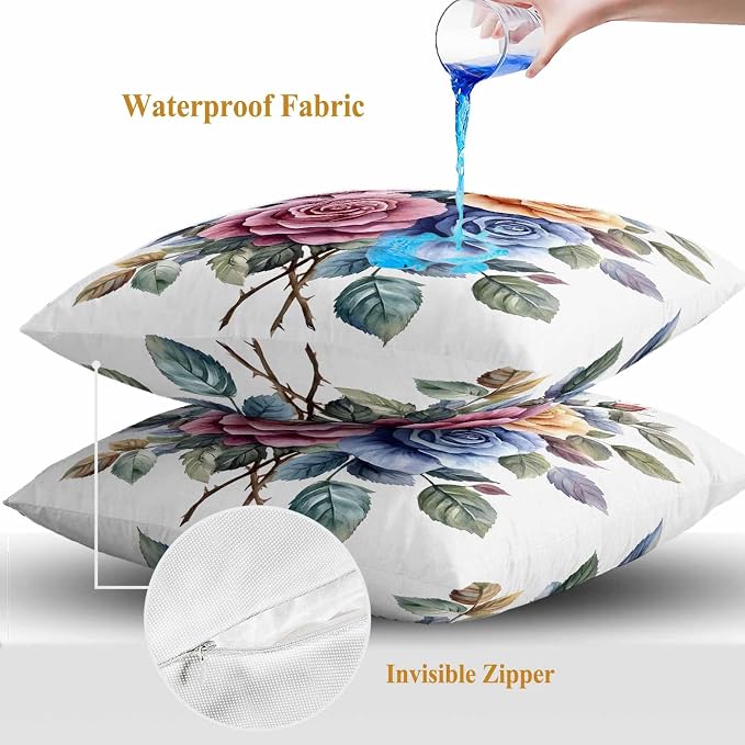 Spring Rose Outdoor Waterproof Throw Pillow Covers Set of 2, 20"x20", Botanical Watercolor Pink Orange Blue Flower Leaf Decorative Pillow Covers Outside Cushion Case for Patio Porch Garden