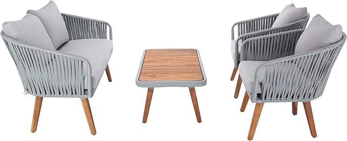 SAFAVIEH Outdoor Collection Ransin Grey/Grey/Natural Solid Wood 4-Piece Conversation Patio Set