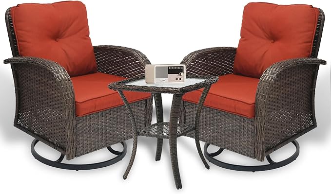 SHGJ&SOFT 3 Piece Patio Furniture Set, 2 Outdoor Swivel Rocking Chairs with Side Table, Wicker Glider Chairs, All-Weather Rattan Bistro Set for Porch, Deck, Pool (Red, Brown Full-Weave Rattan)