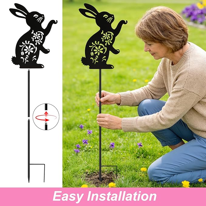 VOOKRY Solar Watering Can Lights Outdoor with Bunny Silhouette Stake, Garden Gifts for Mom, Women & Garden Lovers Waterproof Metal Garden Lantern, Decorative Yard Patio Lawn Pathway Decor(1 Pack)