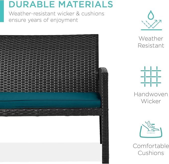 Best Choice Products 4-Piece Outdoor Wicker Patio Conversation Furniture Set for Backyard w/Coffee Table, Seat Cushions - Black/Peacock