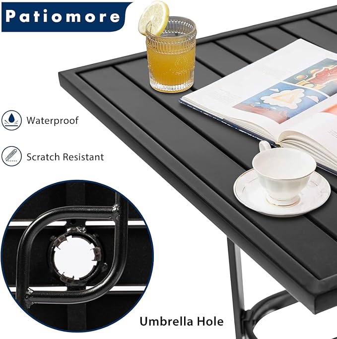 Patio Bar Table, Outdoor Bar Height Bistro Table with Umbrella Hole, Metal Frame and Slat Design, Black