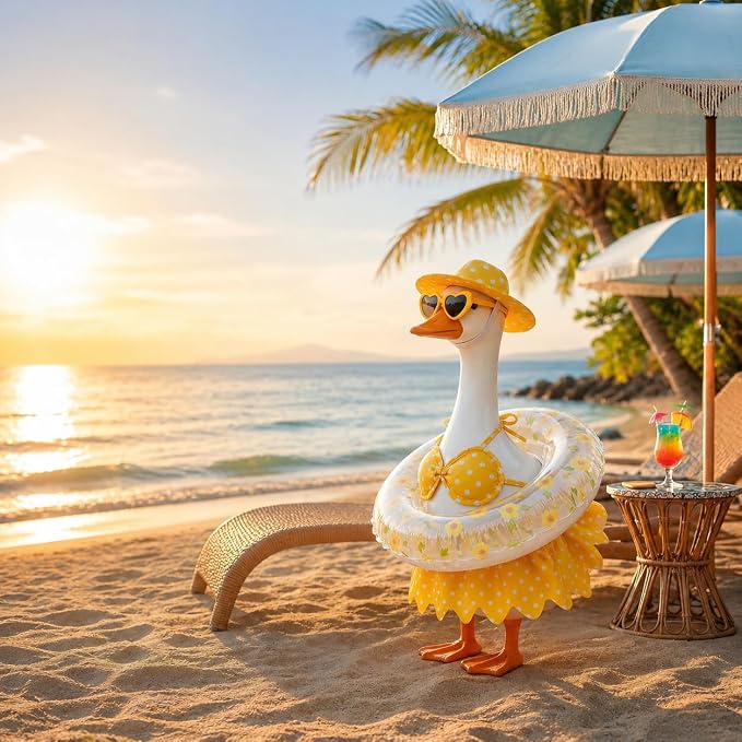23 Inch Porch Goose Summer Hawaiian Bikini Outfit, Lawn Goose Costume with Swim Ring, Sunglasses Sun Hat, Fits Cement & Plastic Goose Statue, Front Yard Patio Lawn Decor