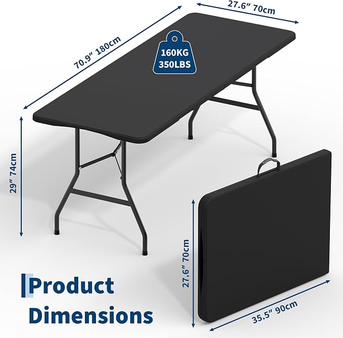 Garvee 6FT Portable Folding Table, HDPE Plastic Foldable Table with Carry Handle for Camping, Parties, Picnic & Events Indoor Outdoor, Black