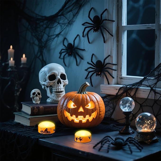 2 Pack LED Halloween Pumpkin Lights with Remote and Timer, Battery Operated Flameless Flickering Orange Jack-o'-Lanterns, Electric Orange Halloween Candle Light for Outdoor Pumpkins Decorations