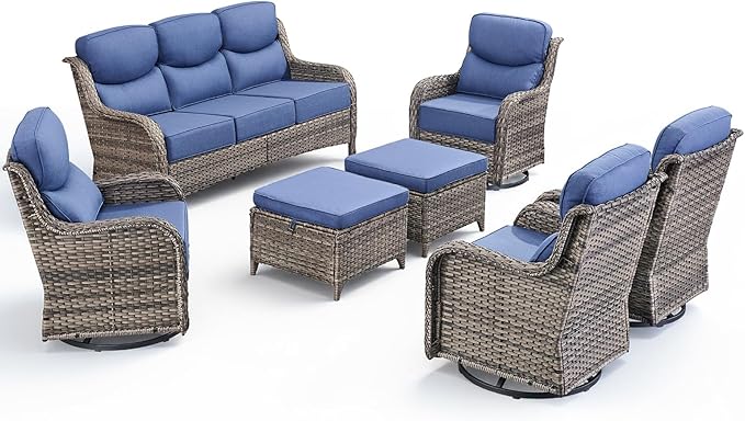 Luxury 7 Pieces Outdoor Patio Furniture Set-All Weather Wicker Outdoor Furniture with Swivel Rocker Patio Chairs 6-inch Extra Thick Cushions Wicker Conversation Set for Garden Porch(Grey/Blue)