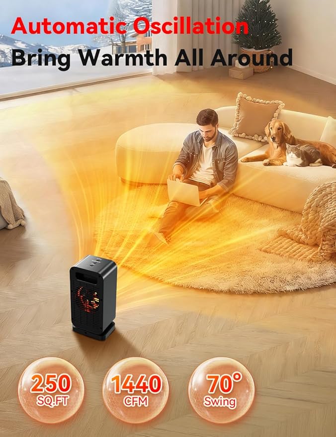 Outdoor Heaters for Patio w/2 Modes&2 Heat Levels, 1S Heating 1200W PTC Ceramic Electric Heater, Overheat&Tip-over Protection, Remote, 70° Swing Space Heater for Indoor Use Large Room Garage