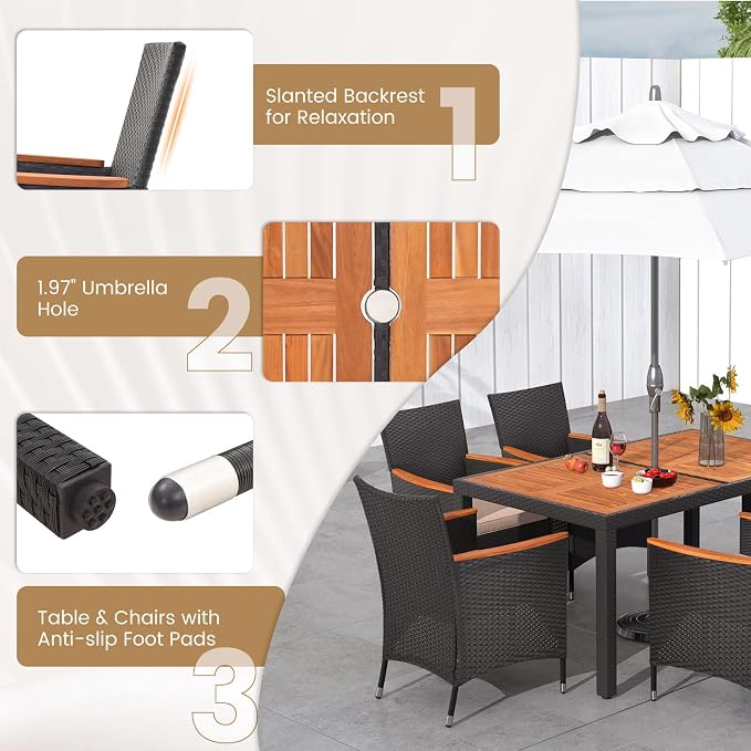 Tangkula 7 PCS Outdoor Dining Set, Patio Conversation Set with Acacia Wood Tabletop, Umbrella Hole, Removable Seat Cushions, Wicker Dining Table & Chair Set for Garden Yard Poolside