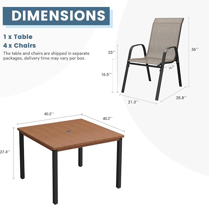 DIFY 5 Piece Outdoor Dining Set, 40" Walnut Square Metal Patio Table and Brown Textilene Stackable Chairs for 4, All Weather Patio Furniture Set with Umbrella Hole for Backyard Garden Deck