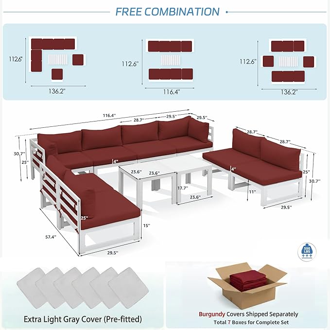NICESOUL 8 Seat XL Oversized Modern Aluminum Patio Furniture Set, Weather Resistant Modular Sectional Sofa with Coffee Table, 500 lbs Heavy Duty Comfortable Outdoor Sitting for Exterior Backyard, Red