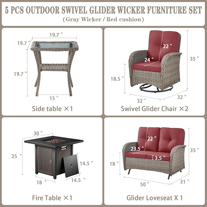 Belord 5 Pieces Patio Furniture Set with 30” Propane Fire Pit Table, Deep Seating Swivel Rocker Glider Outdoor Chairs Set of 4 with Side Table Set of 2 Patio Conversation Set Gray Wicker Red Cushion
