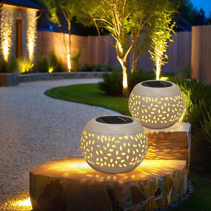 Solar Table Light Waterproof Outdoor & Indoor Lantern - White Metal Retro Hollowed-Out Flickering Flame Tabletop Lights for Desk/Bedroom/Patio/Garden, Solar Powered Lamp Pathway Yard Garden Decor