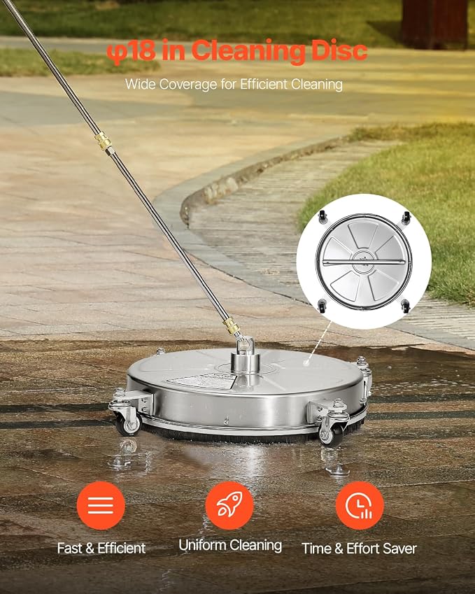 VEVOR 18 Inch Pressure Washer Surface Cleaner, 4000 PSI Stainless Steel Attachment with 4 Wheels, 2 Nozzles, 1/4 Inch Quick Connect and 2 Wands for Concrete, Patio, Deck