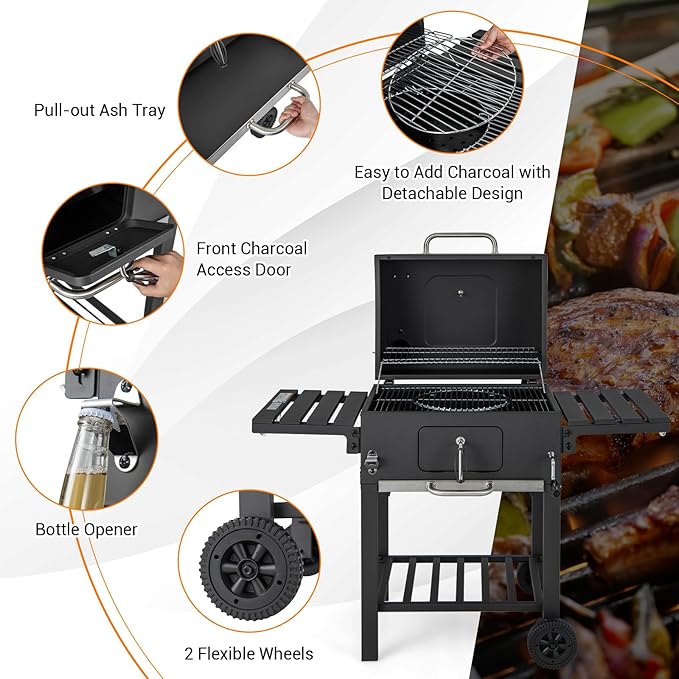 HAPPYGRILL Charcoal Grill, Heavy Duty Cooking Grill with 2 Foldable Side Tables, 8 Hooks, Storage Shelf, 2 Wheels, Flame Control, Outdoor BBQ Grill for Picnic Party Camping Backyard Patio