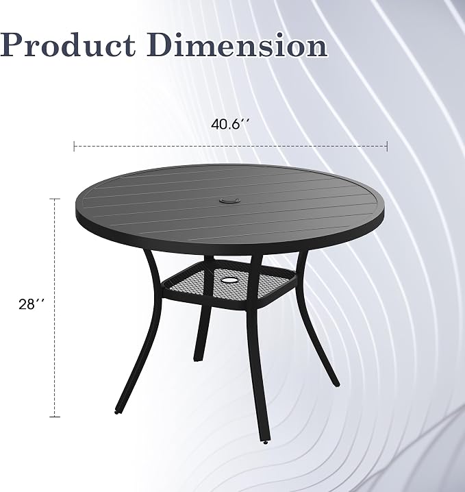 Outdoor Dining Table with Adjustable Umbrella Hole, 40.6" All-Weather Round Patio Dining Table for 4, Metal Patio Table with Storage Shelf for Garden Lawn Porch Deck Yard, Black