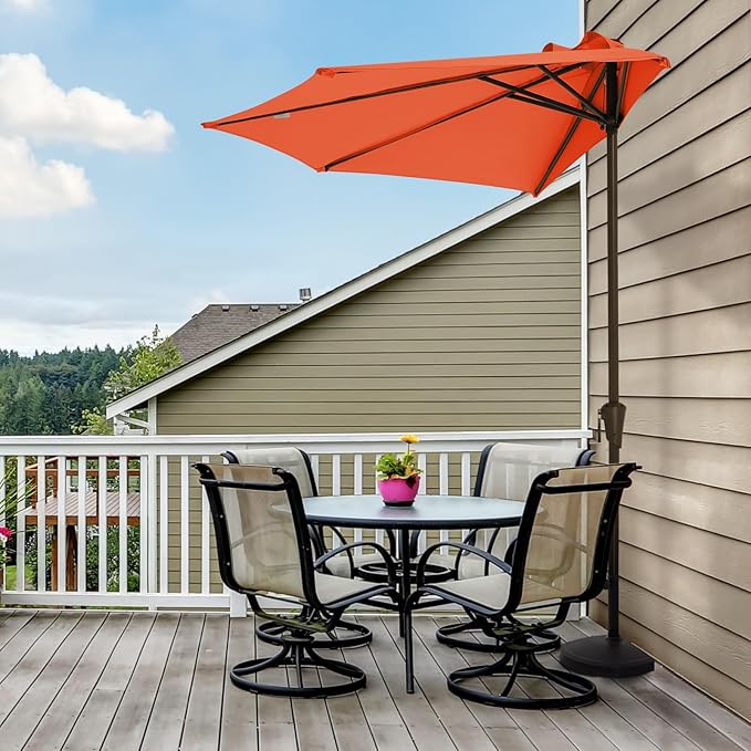JEAREY 9ft Half Umbrella Outdoor Patio Umbrella Market Umbrellas with Crank, 1/2 Round Wall Umbrella 5 Sturdy Ribs UV Protection for Pool Garden Balcony Deck, Orange