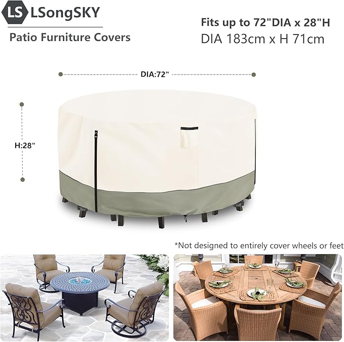 Round Patio Furniture Covers,600D Heavy Duty Waterproof Outdoor Furniture Cover for Round Dining Table with Rocking Swivel Chairs Set,72" Dia x 28" H Beige