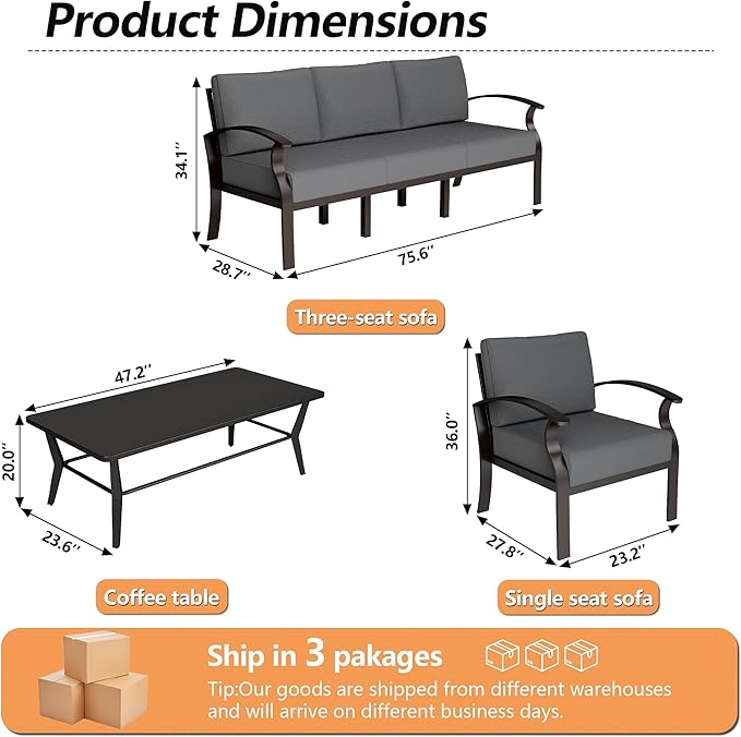 Aluminum Outdoor Patio Conversation Furniture Set,5 Seats Metal Modern Outdoor Furniture with Coffee Table & Washable 5.1" Thick Cushions,Patio Sectional for Backyard,Patio,Grey