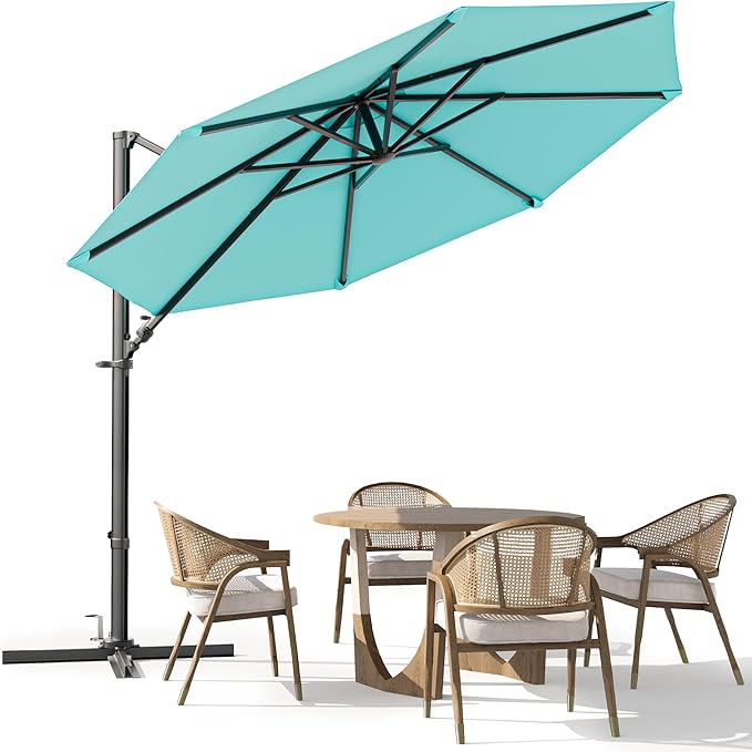 Greesum 10FT Outdoor Patio Umbrella with High Pedel and 4 Gear Heights, Large Offset Market Umbrella with 360-degree Rotation, Without Base, Hanging Outdoor Shade for Garden, Lawn, Pool, Light Blue