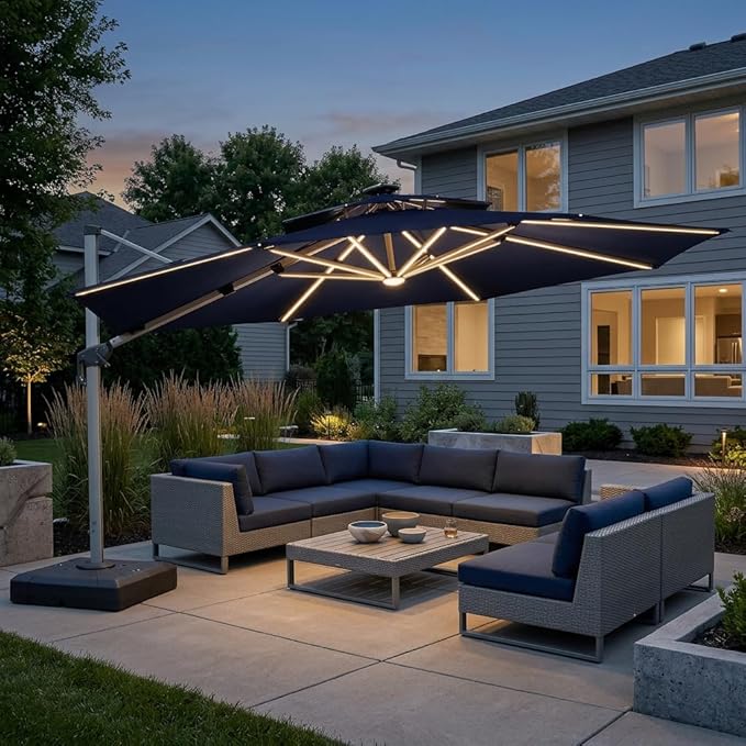 PURPLE LEAF 13ft Patio Umbrella with Lights Outdoor Round Large Cantilever Umbrella Solar Powered LED Windproof Offset Umbrella Heavy Duty for Garden Deck Pool Patio, Navy Blue