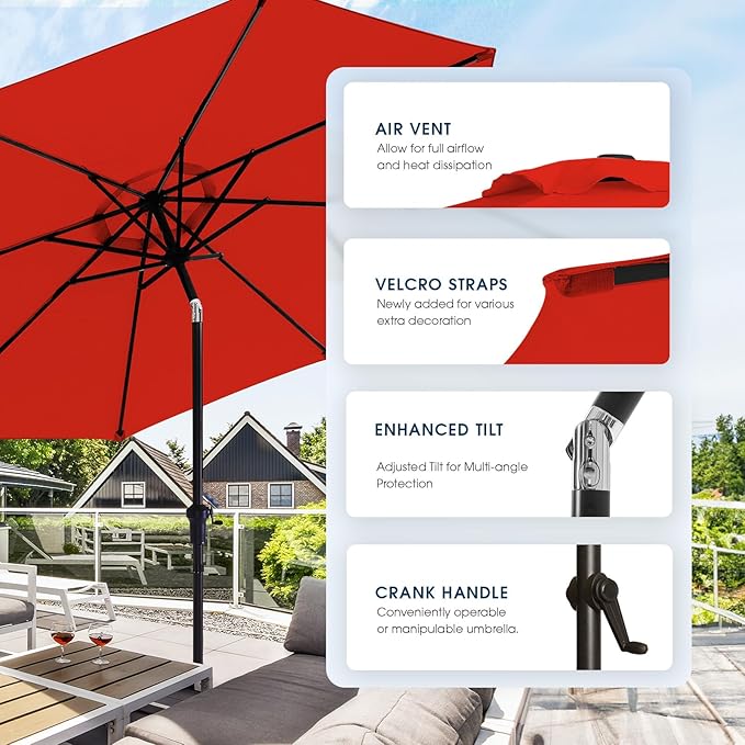 wikiwiki 11FT Patio Umbrella with Base, Outdoor Umbrellas with Base Included, 8 Sturdy Ribs, Waterproof Fade Resistant POLYESTER DTY Canopy for Deck, Lawn, Garden, Backyard & Pool, Red