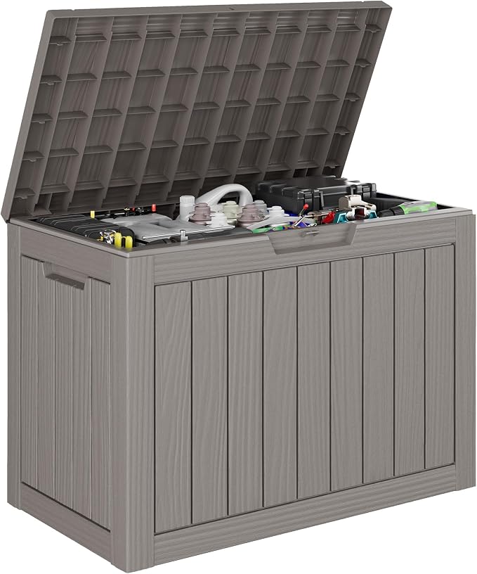 KAMABOKO 50 Gallon Outdoor Storage Box, All-Weather Resin Deck Box Outdoor Waterproof with Lockable Lid for Patio Cushions, Package Deliveries, Garden Tools, Pool Supplies, Grey