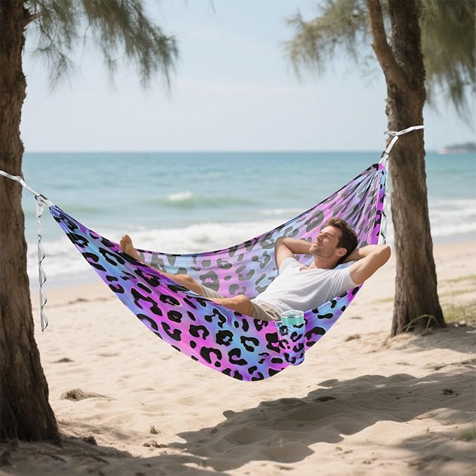 Camping Hammock Outdoor Hammocks for Outside Purple Laser Leopard Cheetah Beach Trees Portable Lightweight with Pockets Tree Straps Indoor