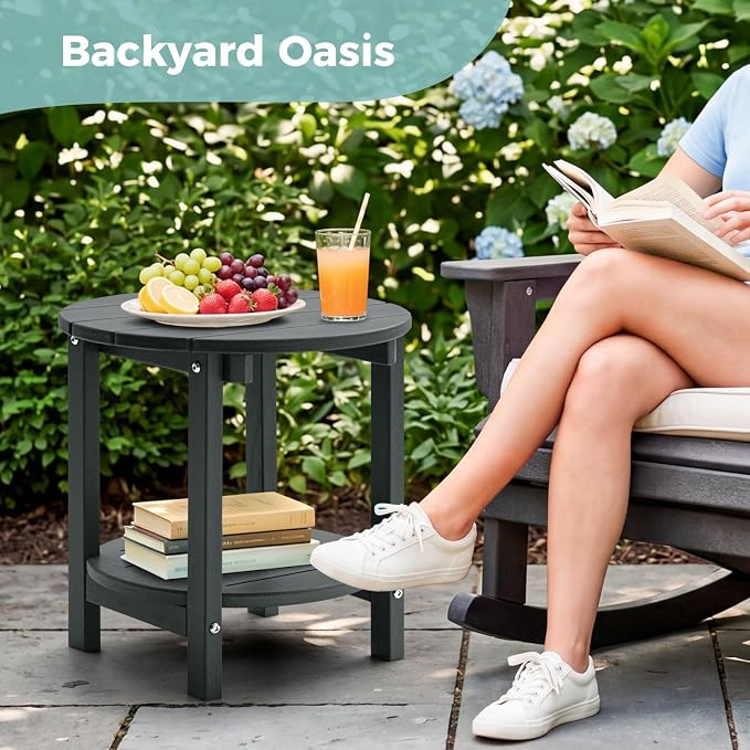 Outdoor Side Table, Adirondack Round 2-Tier Patio Table, Easy Maintenance & Weather Resistant, HDPE End Table for Backyard, Pool, Patio, Porch, Gray