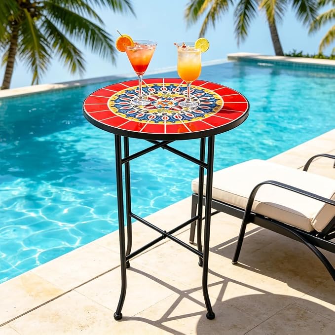 Mosaic Outdoor Side Table Small Round Patio Table Plant Stand | 21" Accent End Table with 14" Ceramic Tile Top for Small Spaces Porch Pool Garden Decor Indoor Living Room Bedroom Balcony